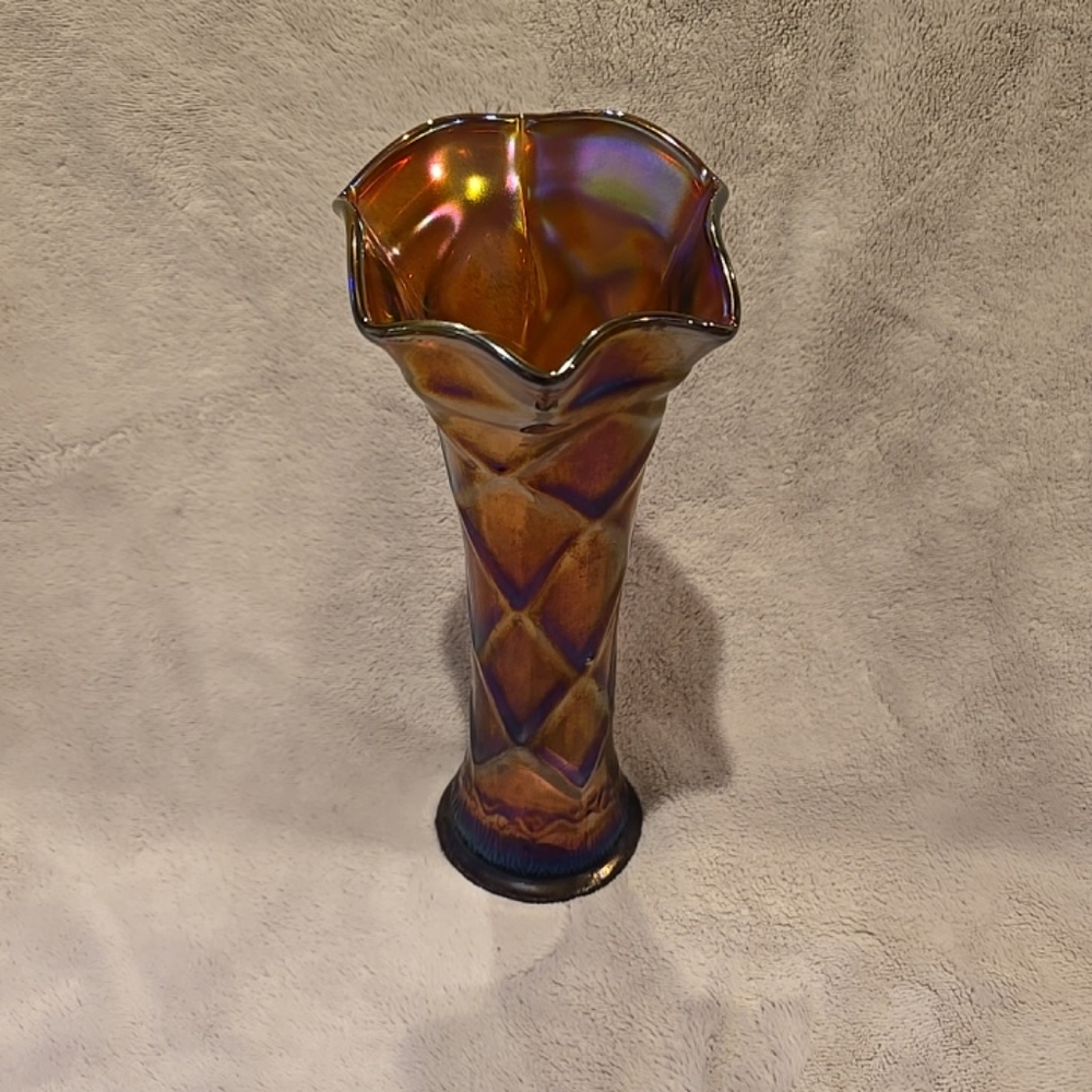 Antique Dugan Glass Lattice and Points Amethyst Carnival Glass Vase 8″